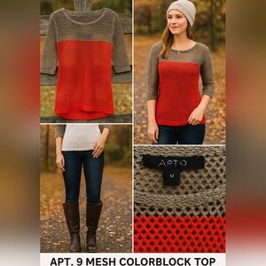 Apt. 9 Mesh Colorblock Knit Top Red & Taupe Size Medium